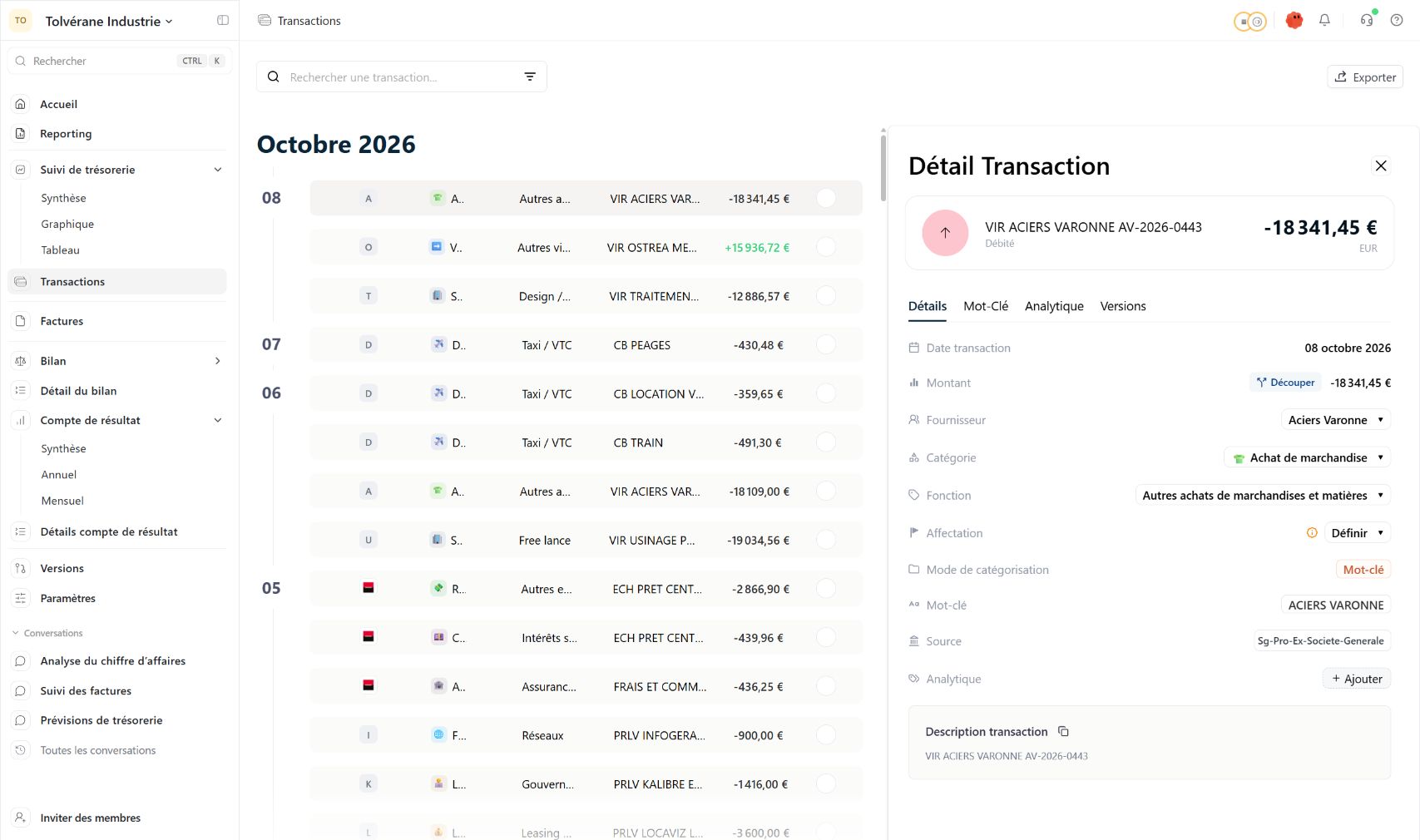 Le panneau Détail Transaction