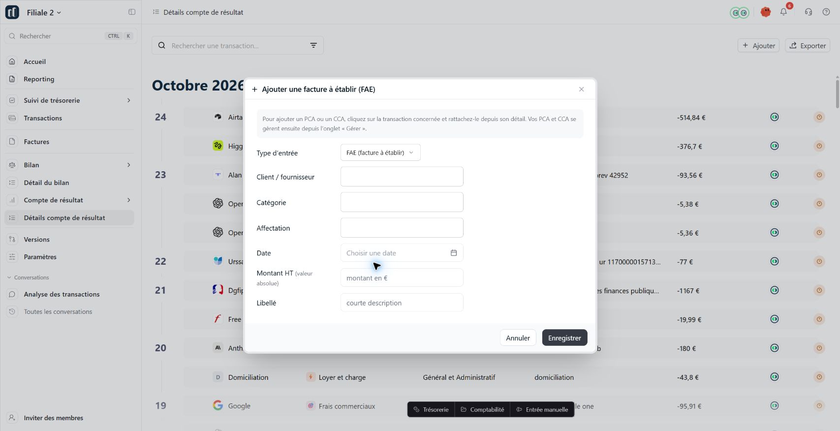 Renseigner une facture à établir