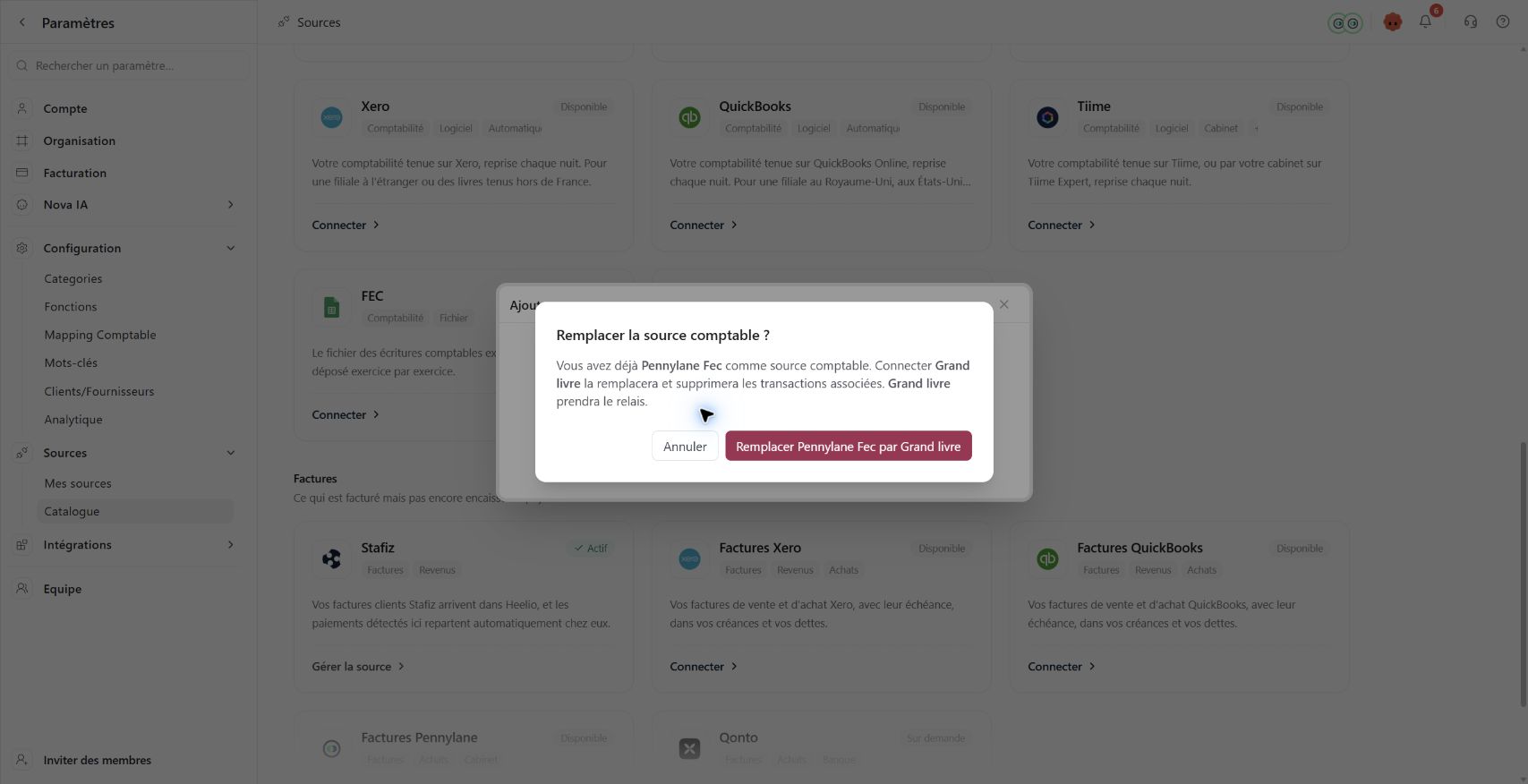 Lire l’avertissement avant de remplacer la source comptable