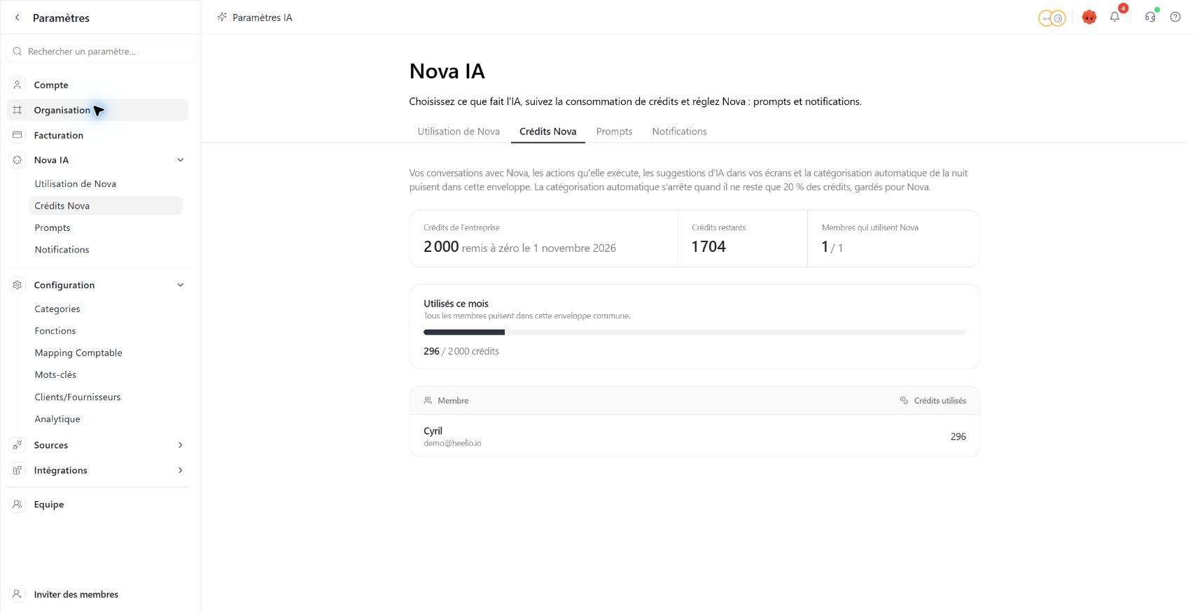 Suivre les crédits Nova de l’entreprise